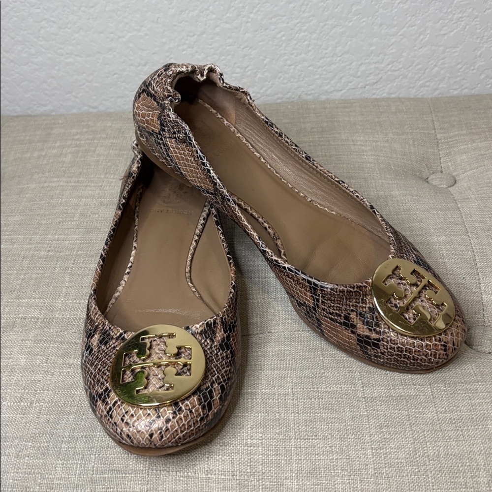 Tory Burch Snake-Print Leather Reva Flats with Gold Logo